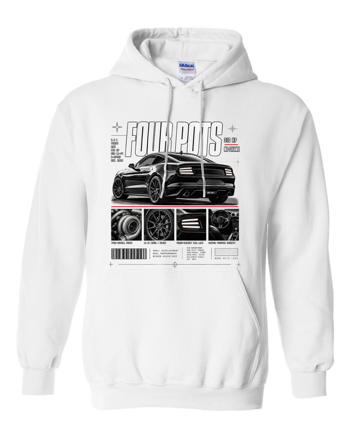 Dossier panel print of a 2015-17 Ford Mustang S550 EcoBoost fastback white pull over hoodie front view with the design
