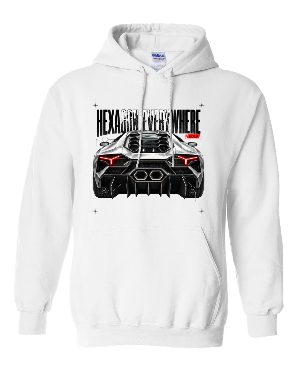 Detail macro print of a Lamborghini Huracan Evo LP640-4 with Hexagon Everywhere text white pull over hoodie front view with the design