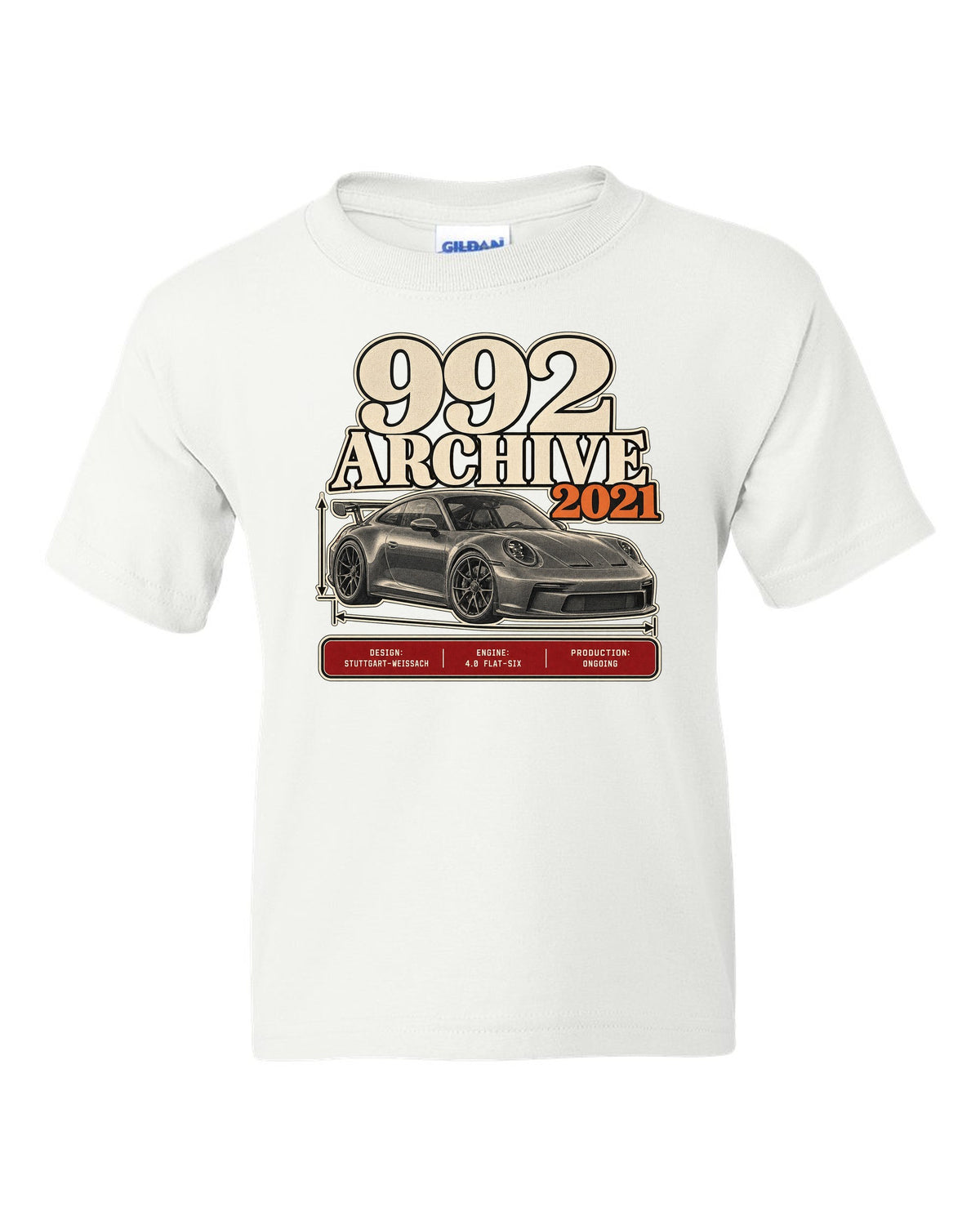 Porsche 992 GT3 archive panel print design white kids tee front view with the design