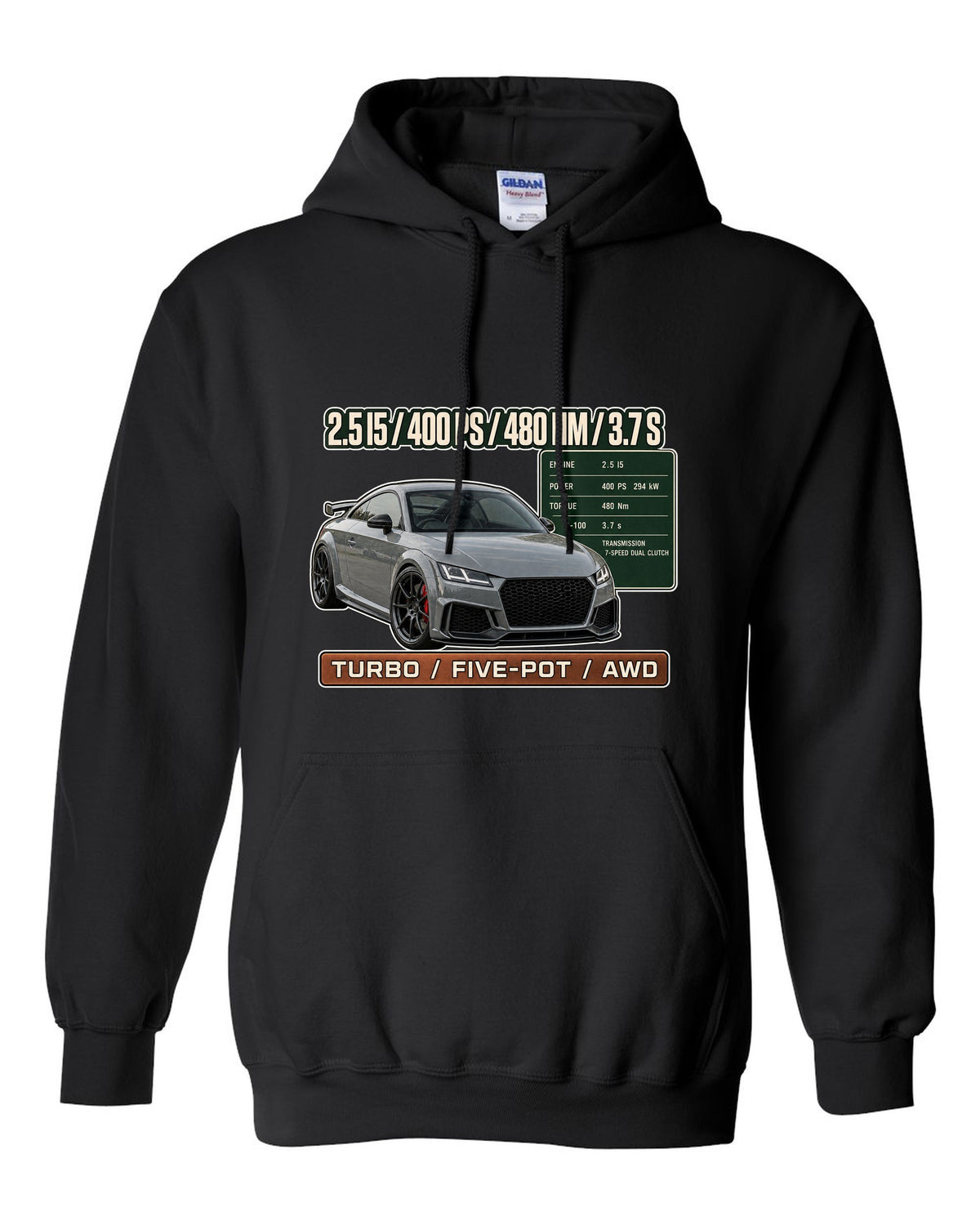 Audi TT RS 8S coupe spec poster print with 400 PS and 480 Nm black pull over hoodie front view with the design