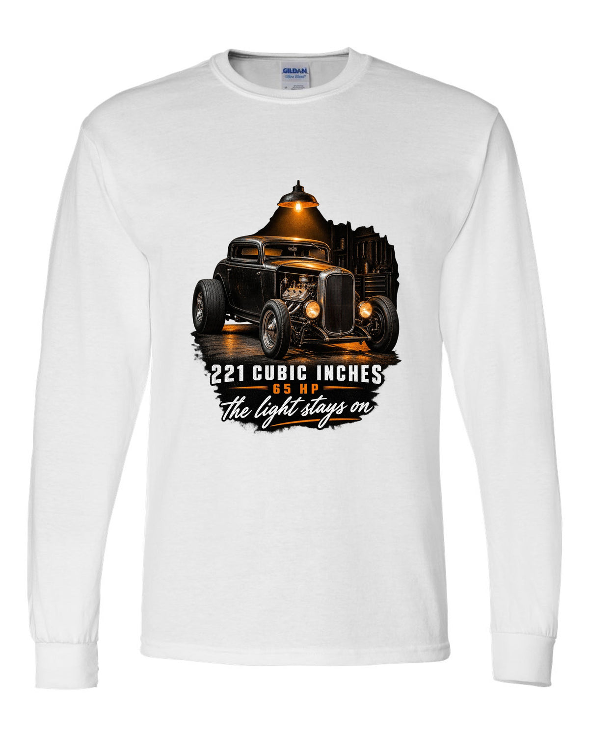 Garage night print of a 1932 Ford Deuce three-window coupe with flathead V8 specs white long sleeve front view with the design
