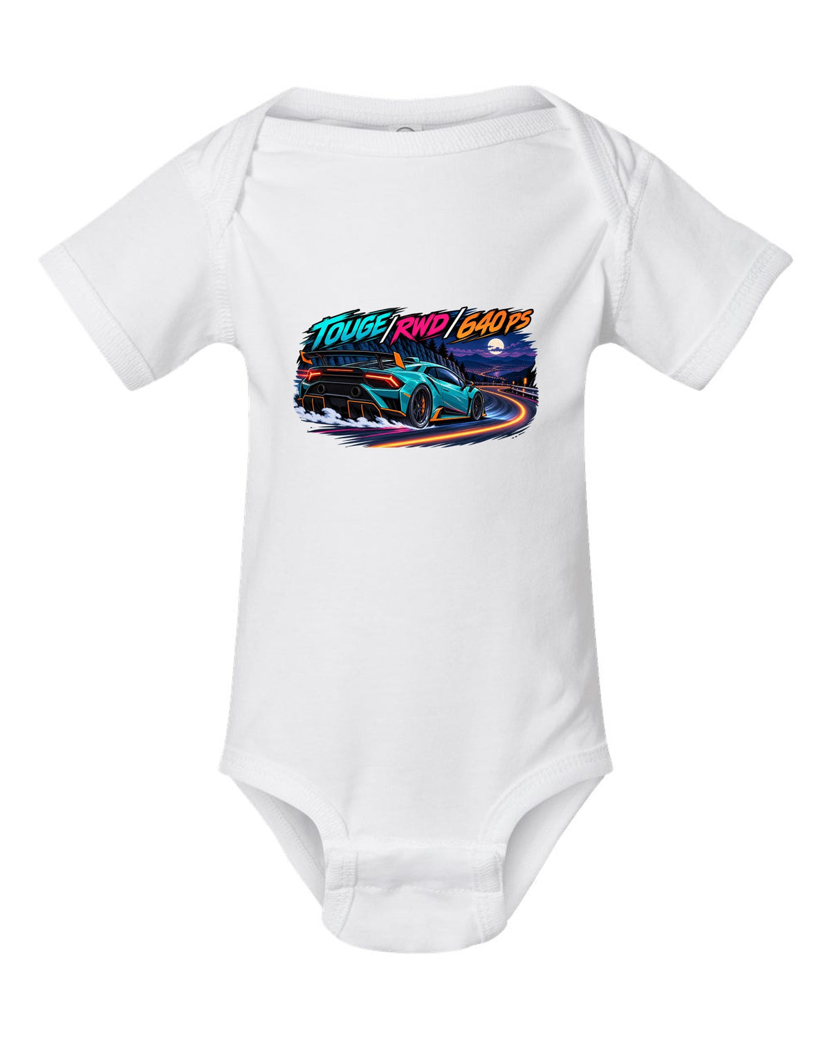 Cel-shaded anime night touge scene with a Lamborghini Huracan STO LP640-2 and text TOUGE / RWD / 640 PS white baby onesie front view with the design