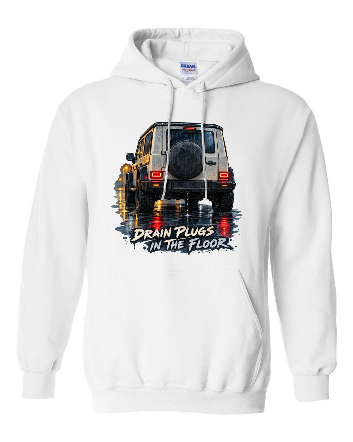 Jeep Wrangler JL taillight reflections on wet road in watercolour with drain plugs in the floor text white pull over hoodie front view with the design
