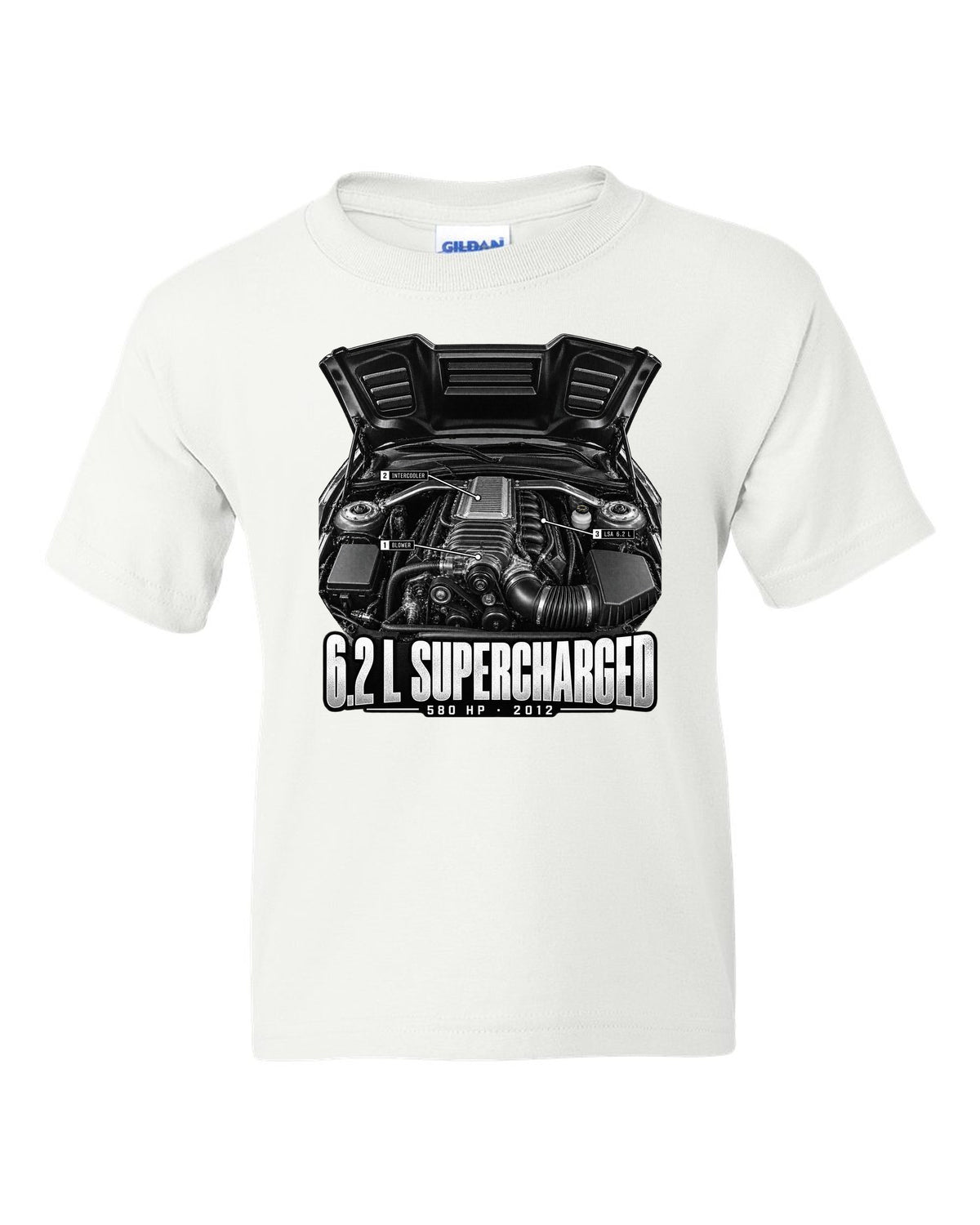 Engine hero print of a supercharged 6.2 L LSA in a 2013 Chevrolet Camaro ZL1 with numbered callouts white kids tee front view with the design