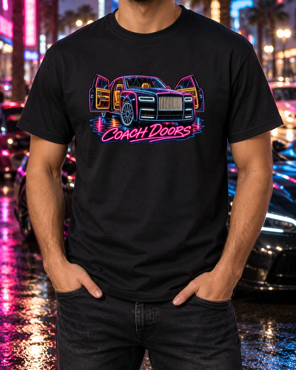 Rolls-Royce Phantom VIII Coach Doors Neon Sign Shirt T-Shirt Black worn hero
