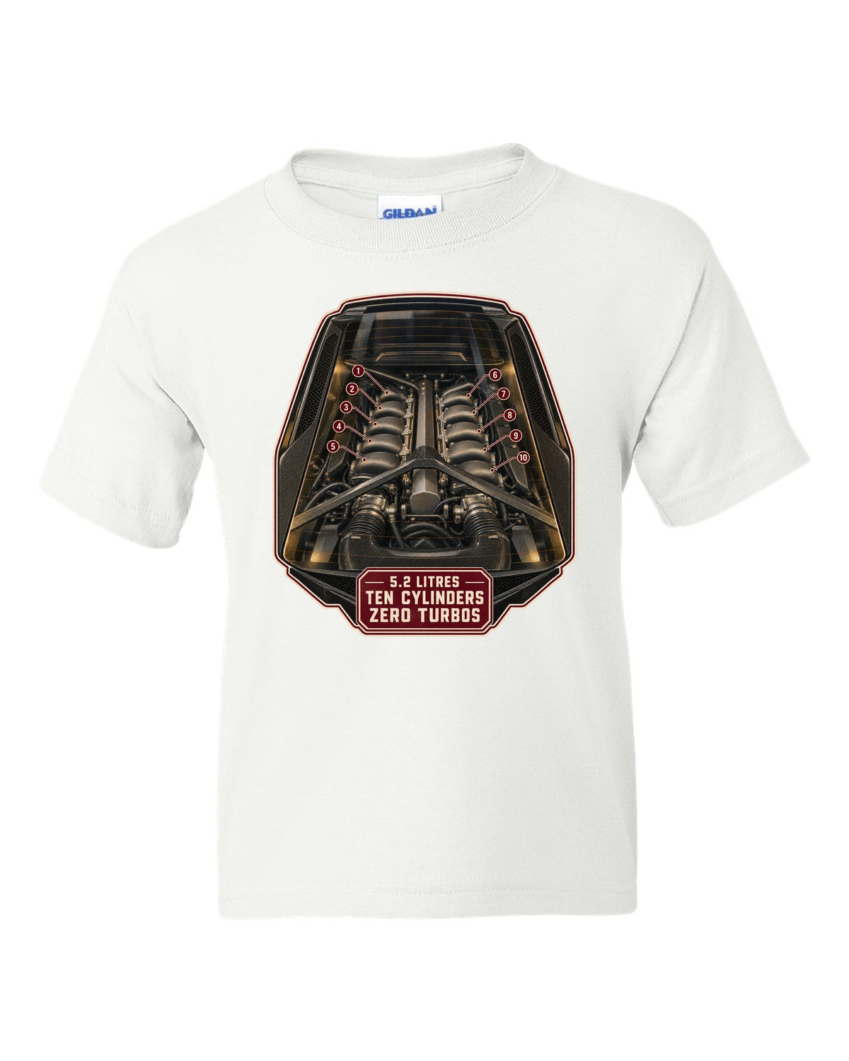 Audi R8 V10 plus Type 4S mid-engine bay hero print design white kids tee front view with the design