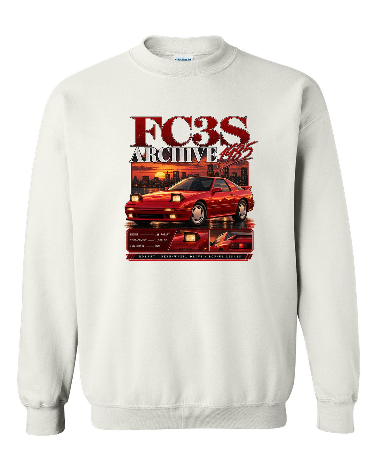 Archive panel print of a Mazda RX-7 FC3S with 13B rotary specs white crewneck front view with the design