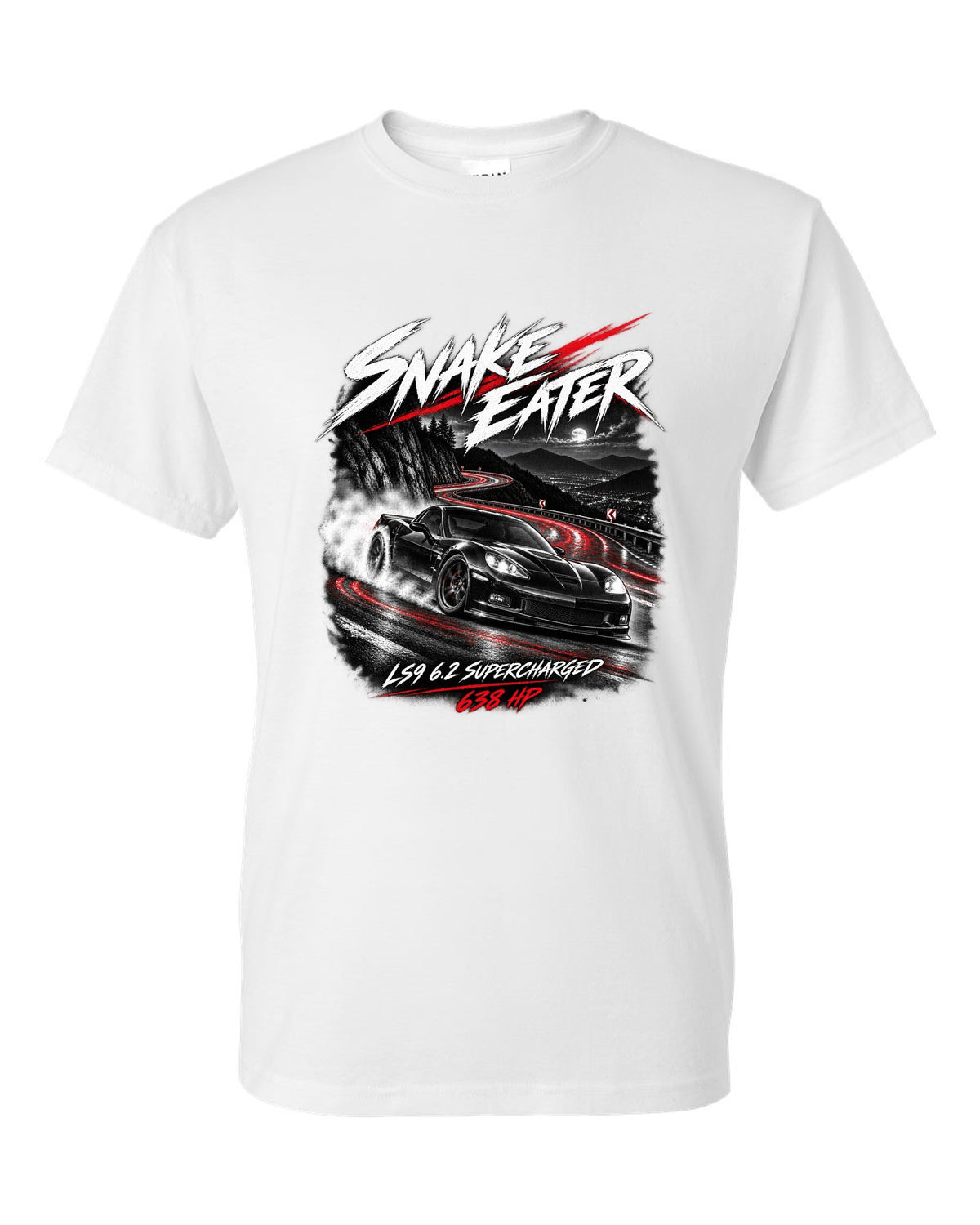 Corvette C6 ZR1 supercharged on a night mountain road white t-shirt front view with the design