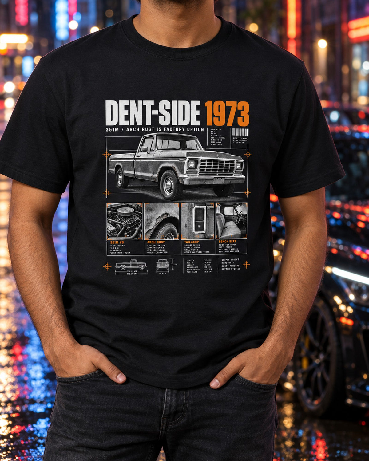Ford F-150 Dent-Side 1973 351M Rust Dossier Panel Shirt T-Shirt Black worn hero