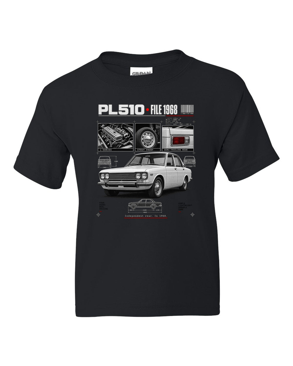 Dossier panel print of a Datsun PL510 sedan and wagon with suspension notes black kids tee front view with the design