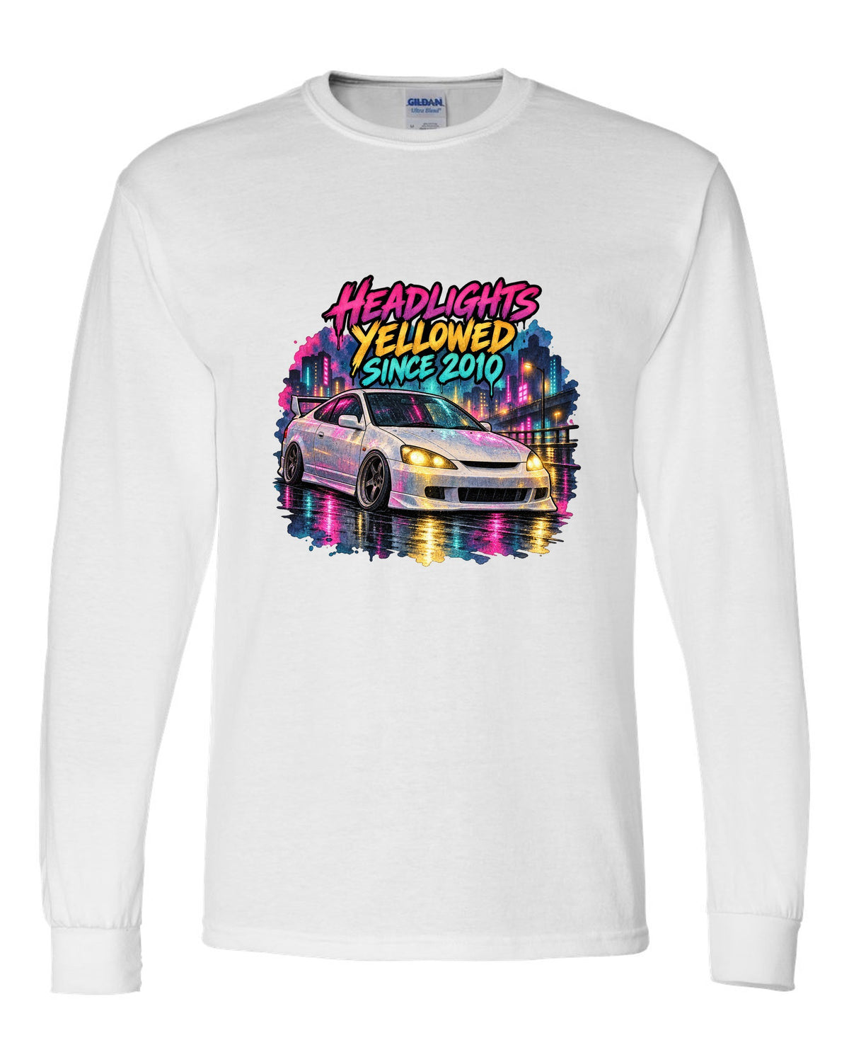 Sticker bomb collage print of a 1995 Honda Integra DC2 coupe with Teg is not an ITR text white long sleeve front view with the design