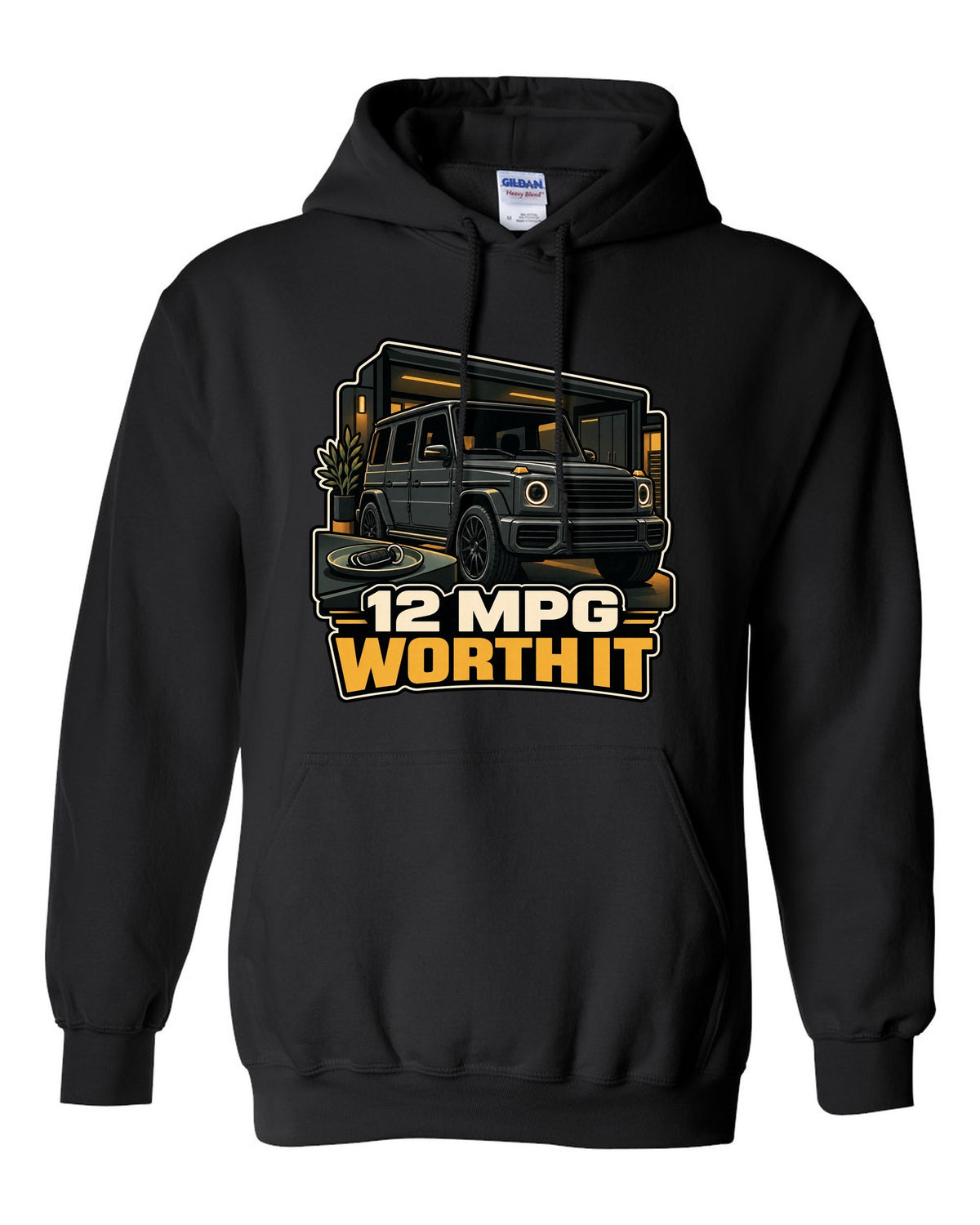 Army surplus stamp graphic reading Gelandewagen 1979 for the Mercedes G-Class W460, print black pull over hoodie front view with the design