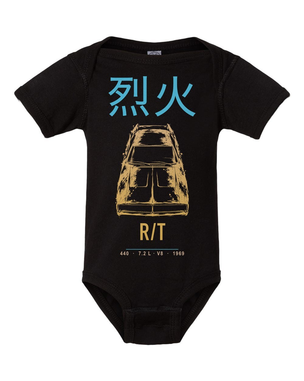 R/T artwork black baby onesie front view