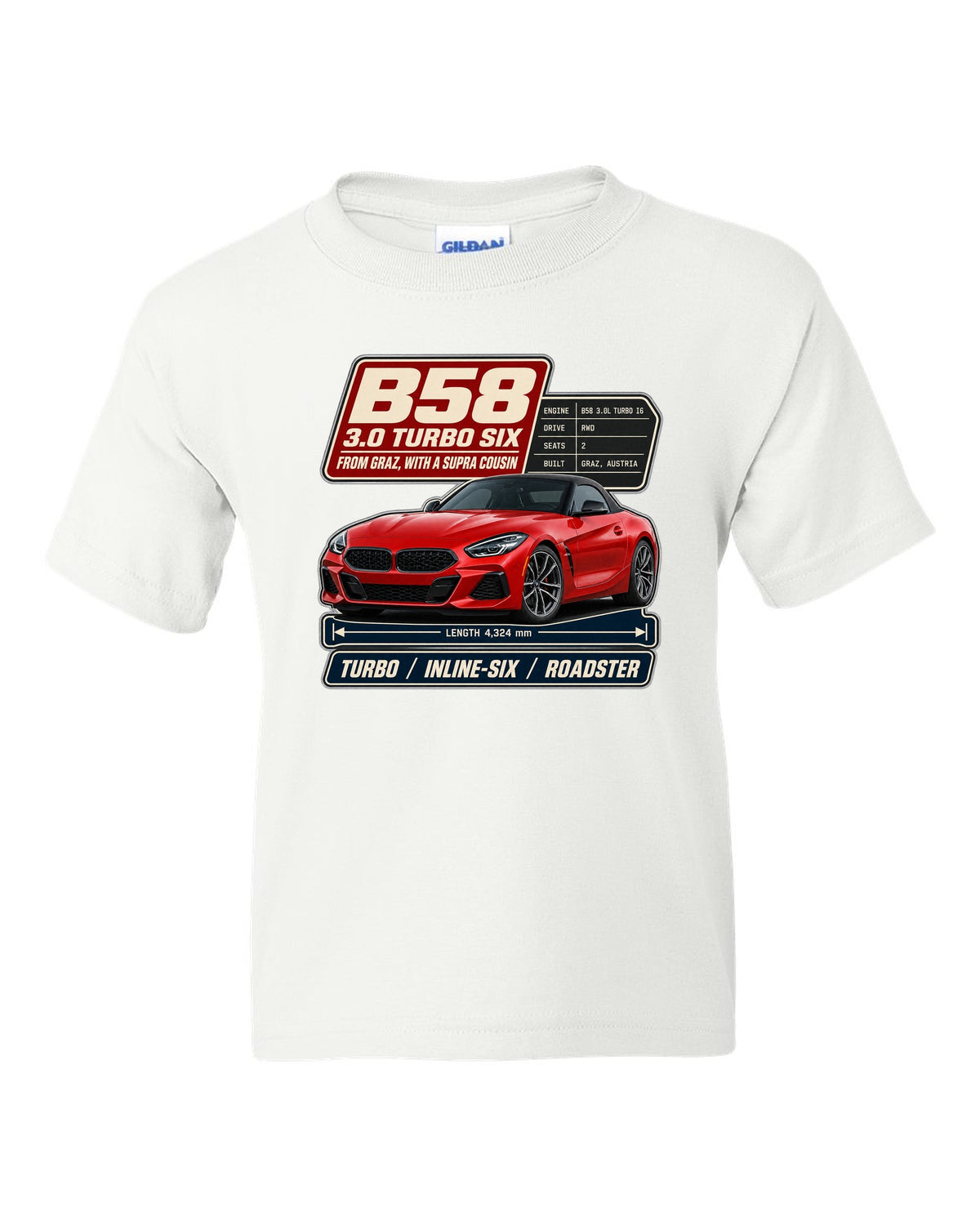 Spec poster print of the BMW Z4 M40i with B58 3.0 turbo six notes white kids tee front view with the design