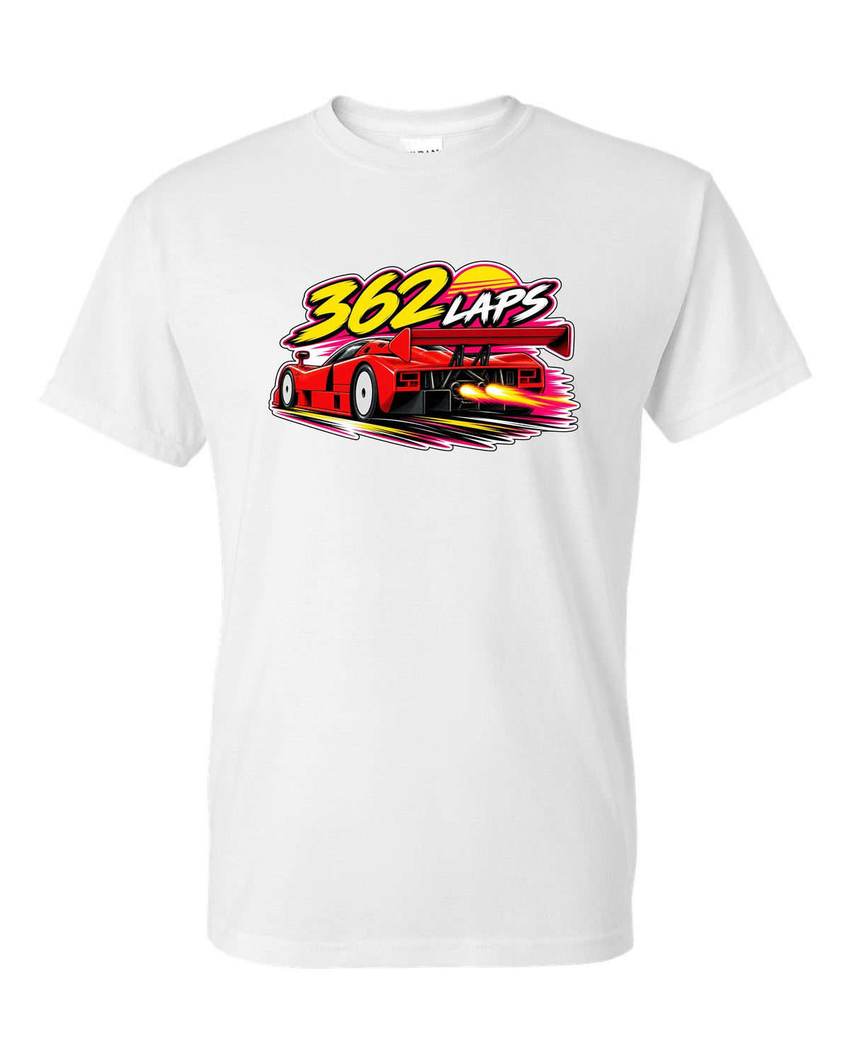 Retro 90s racing sticker-bomb collage for the Mazda 787B with 362 LAPS lettering white t-shirt front view with the design