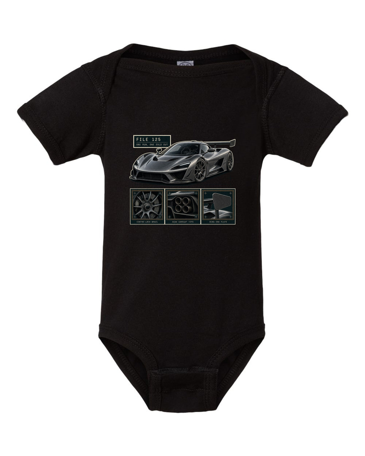 Dossier panel layout of the Koenigsegg Jesko Attack with detail panels, print black baby onesie front view with the design
