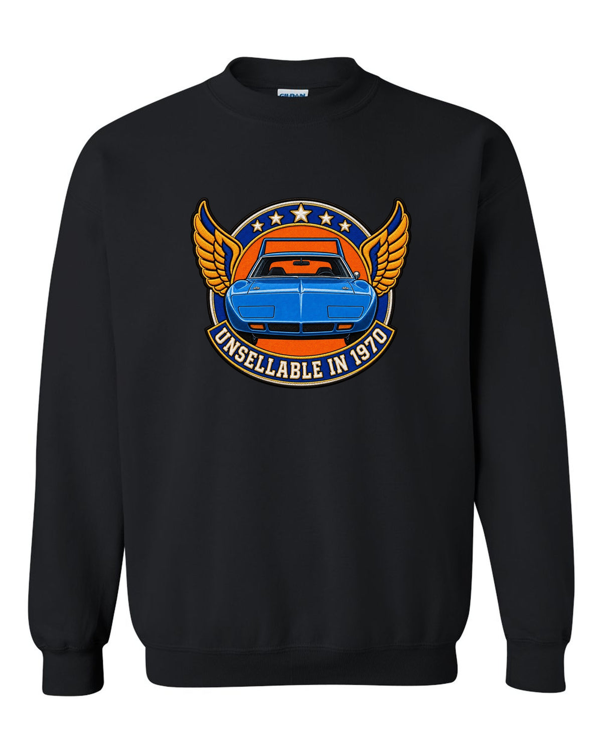 Embroidery-style varsity crest for the 1970 Plymouth Superbird with unsellable in 1970 text black crewneck front view with the design