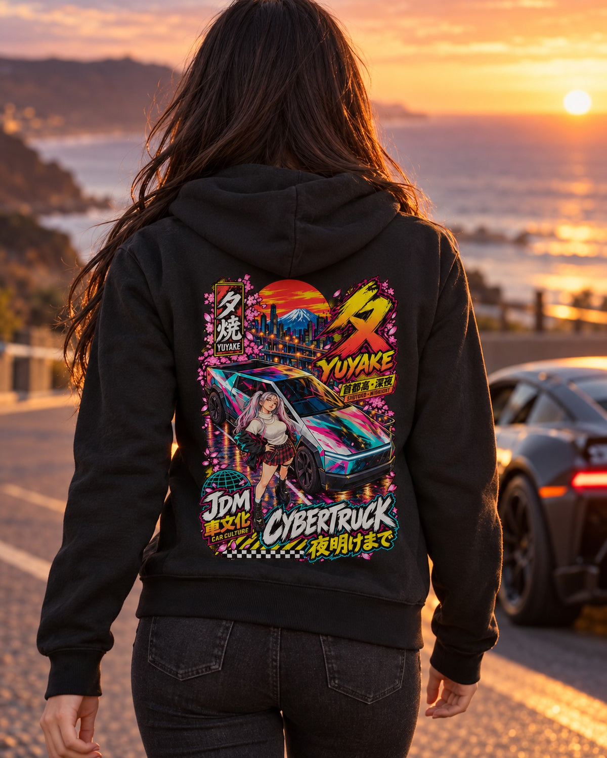 YUYAKE CYBERTRUCK Anime Girl Full-Back Graphic Tee Zip Hoodie Black worn hero
