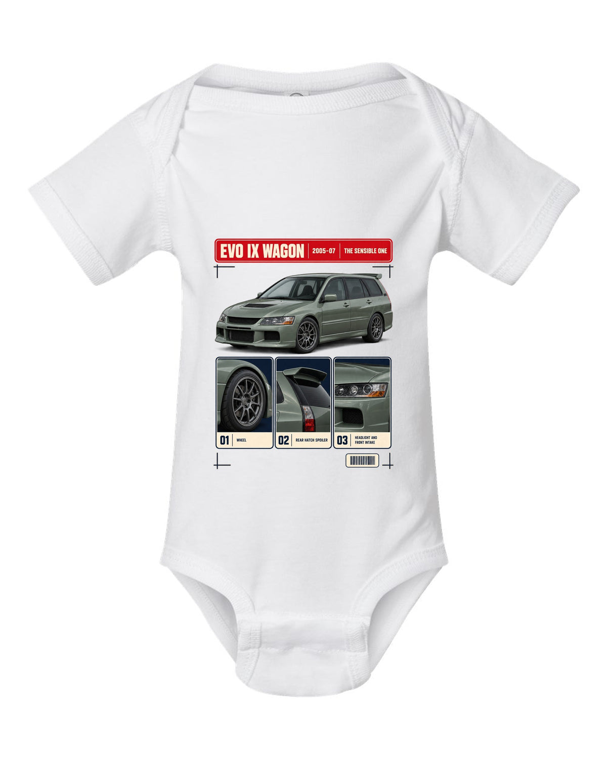 Mitsubishi Lancer Evolution IX Wagon GT three-quarter dossier panel print white baby onesie front view with the design