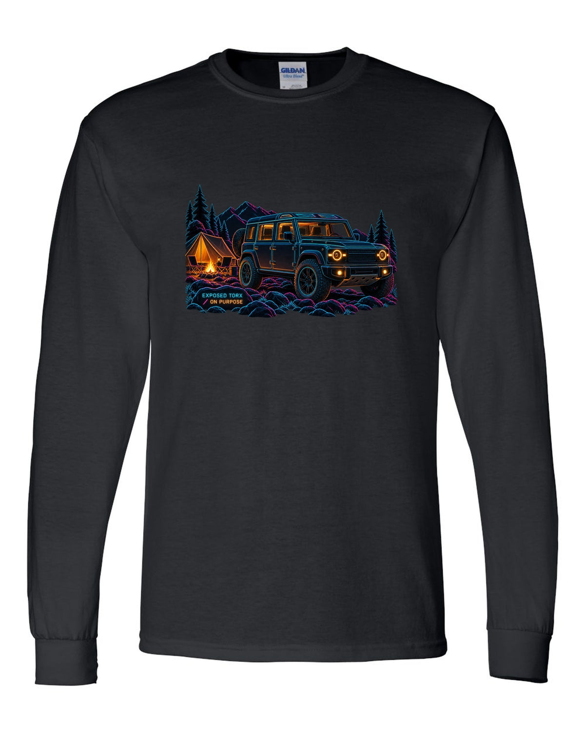 Neon line art print of a Land Rover Defender L663 110 at night camp with Exposed Torx text black long sleeve front view with the design