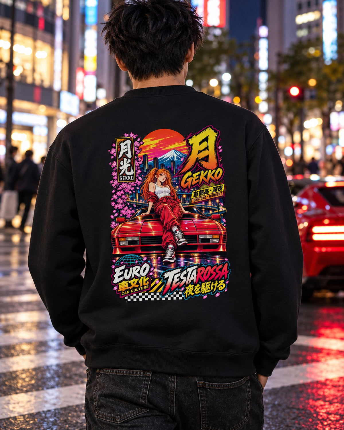 GEKKO TESTAROSSA Anime Girl Full-Back Graphic Tee Crewneck Black worn hero