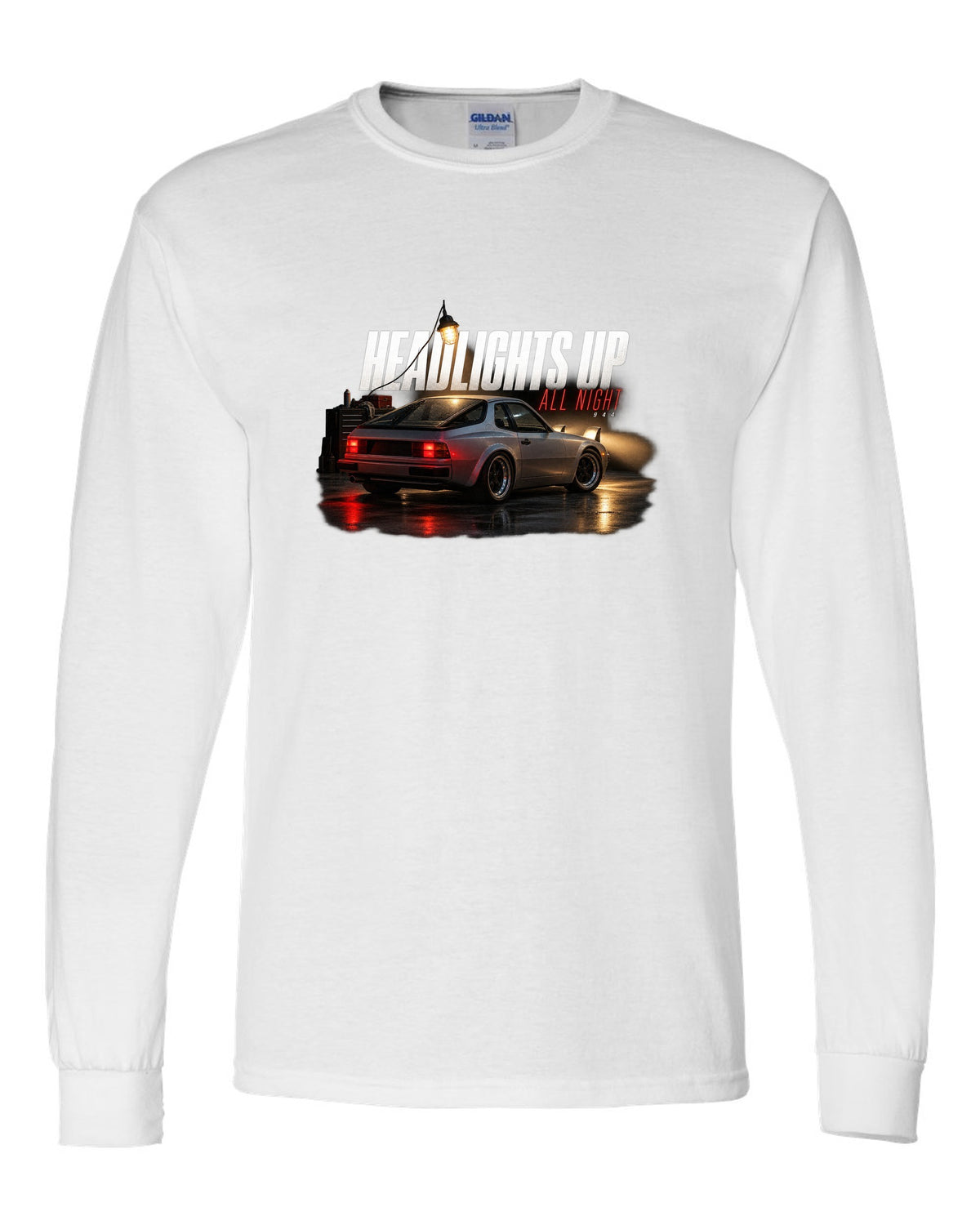 Garage night print of an early Porsche 944 with pop-up headlights raised white long sleeve front view with the design
