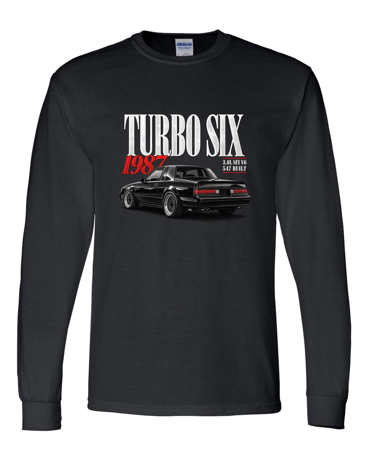 Editorial archive print for a 1987 Buick Regal Grand National GNX with turbo six text black long sleeve front view with the design