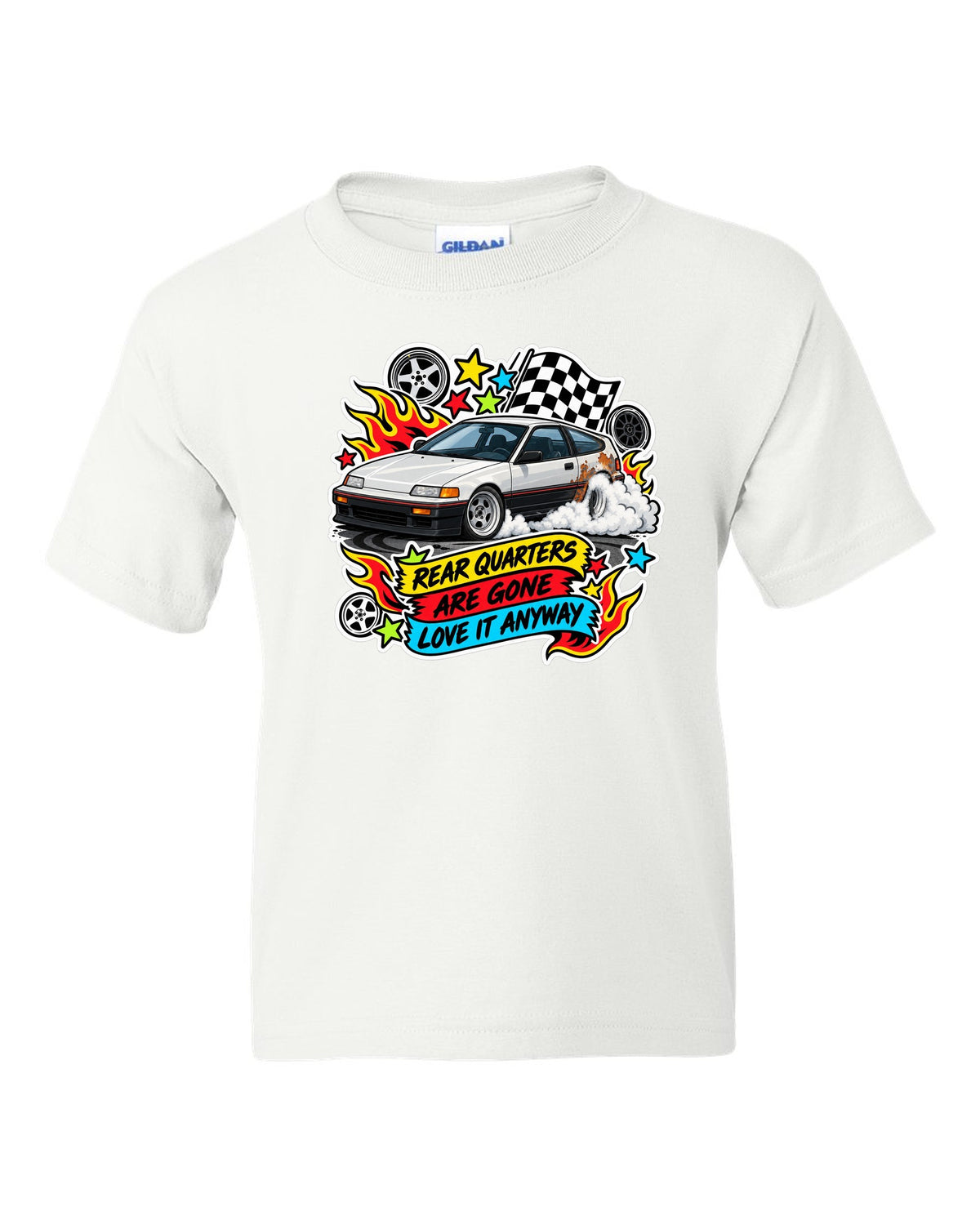Sticker-bomb collage Honda CRX EF8 print with rusted rear quarters joke white kids tee front view with the design