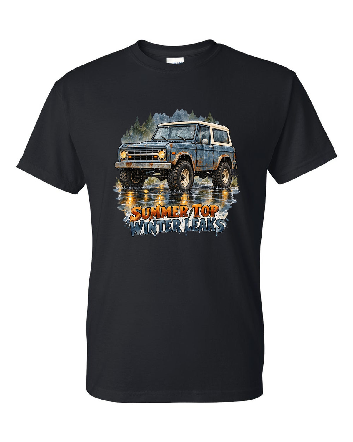 Watercolour wash print of a 1969 first-generation Chevrolet K5 Blazer with summer top winter leaks text black t-shirt front view with the design