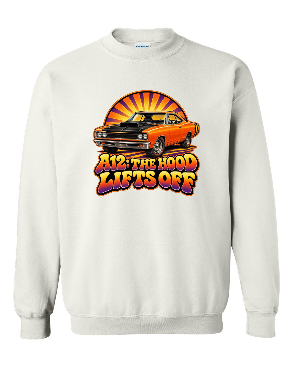 Retro 70s airbrush sunburst design with a 1969 Dodge Coronet Super Bee A12 and lift-off hood text white crewneck front view with the design