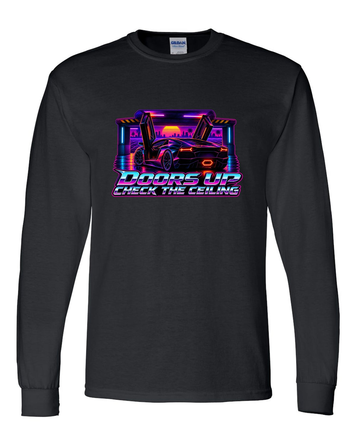 Synthwave outrun design of a Lamborghini Aventador LP700-4 with doors up and check the ceiling text black long sleeve front view with the design