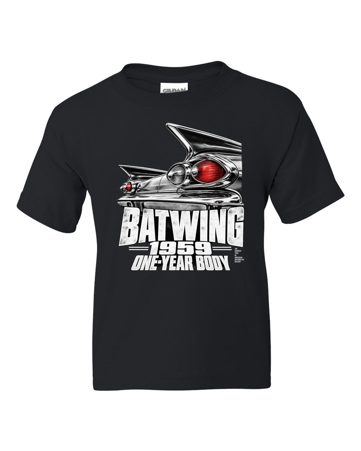 1959 Impala rear batwing taillight macro print with one-year body text black kids tee front view with the design