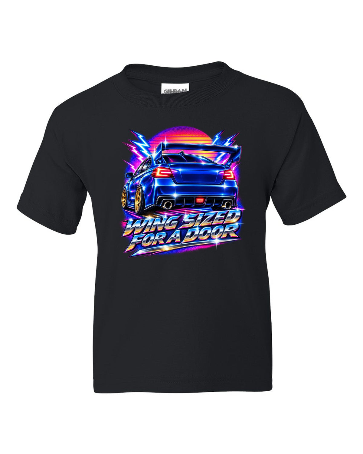 Subaru WRX STI VAB rear in 80s airbrush chrome, WING SIZED / FOR A DOOR black kids tee front view with the design