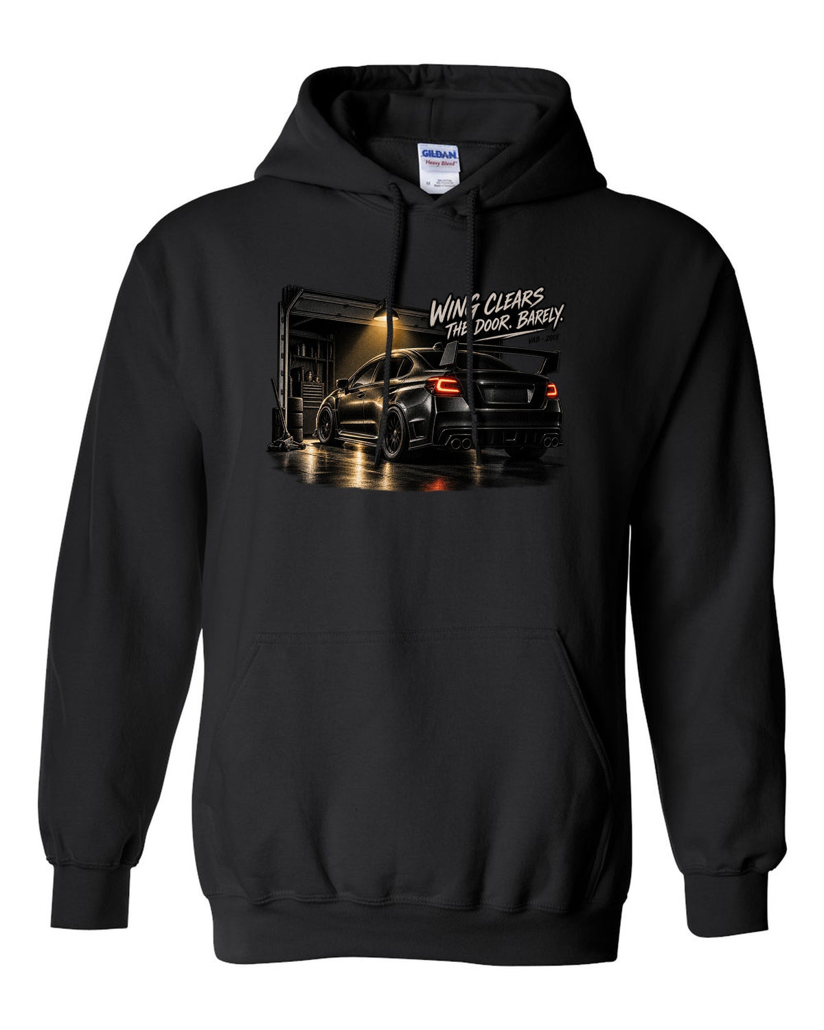 Subaru WRX STI VAB 2018 in a garage with wing clears the door barely text black pull over hoodie front view with the design