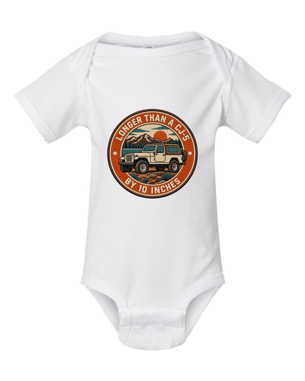 Embroidery-style varsity crest print of a Jeep CJ-7 with wheelbase text white baby onesie front view with the design
