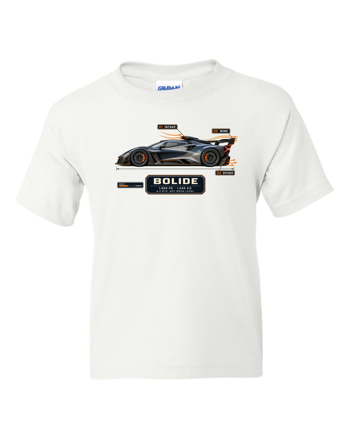 Aero callout cutaway of the Bugatti Bolide track concept, print white kids tee front view with the design