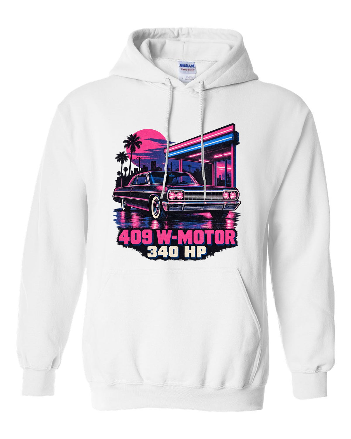 1964 Chevrolet Impala SS in pink and blue risograph neon rain with text 409 W-Motor 340 HP white pull over hoodie front view with the design