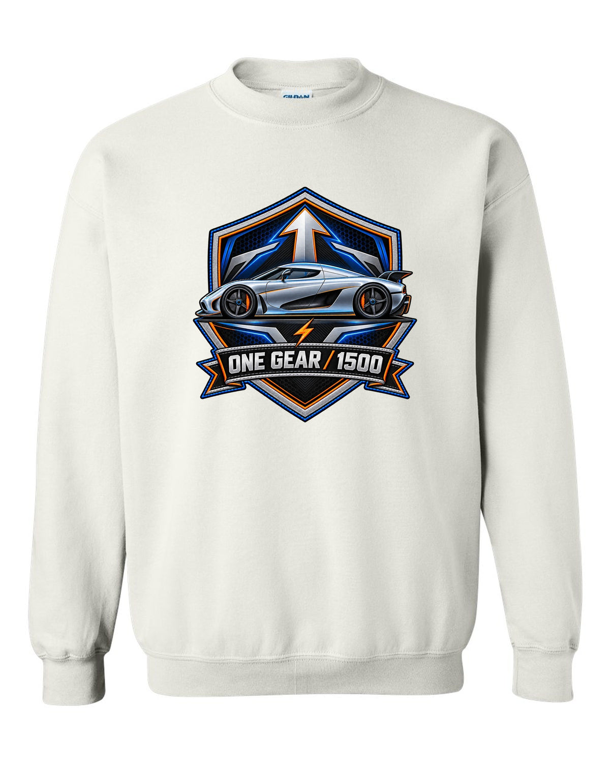 Embroidery-style varsity crest for the Koenigsegg Regera with ONE GEAR 1500 lettering white crewneck front view with the design