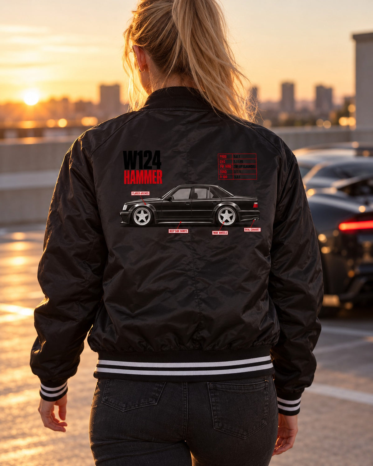 Mercedes W124 Hammer 5.6 V8 Spec Poster Shirt, 1988 Bomber Jacket Black worn hero