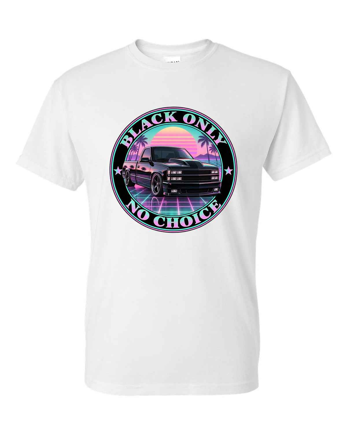 Pastel vaporwave print of a 1990-93 Chevrolet 454 SS pickup with black only no choice lettering white t-shirt front view with the design