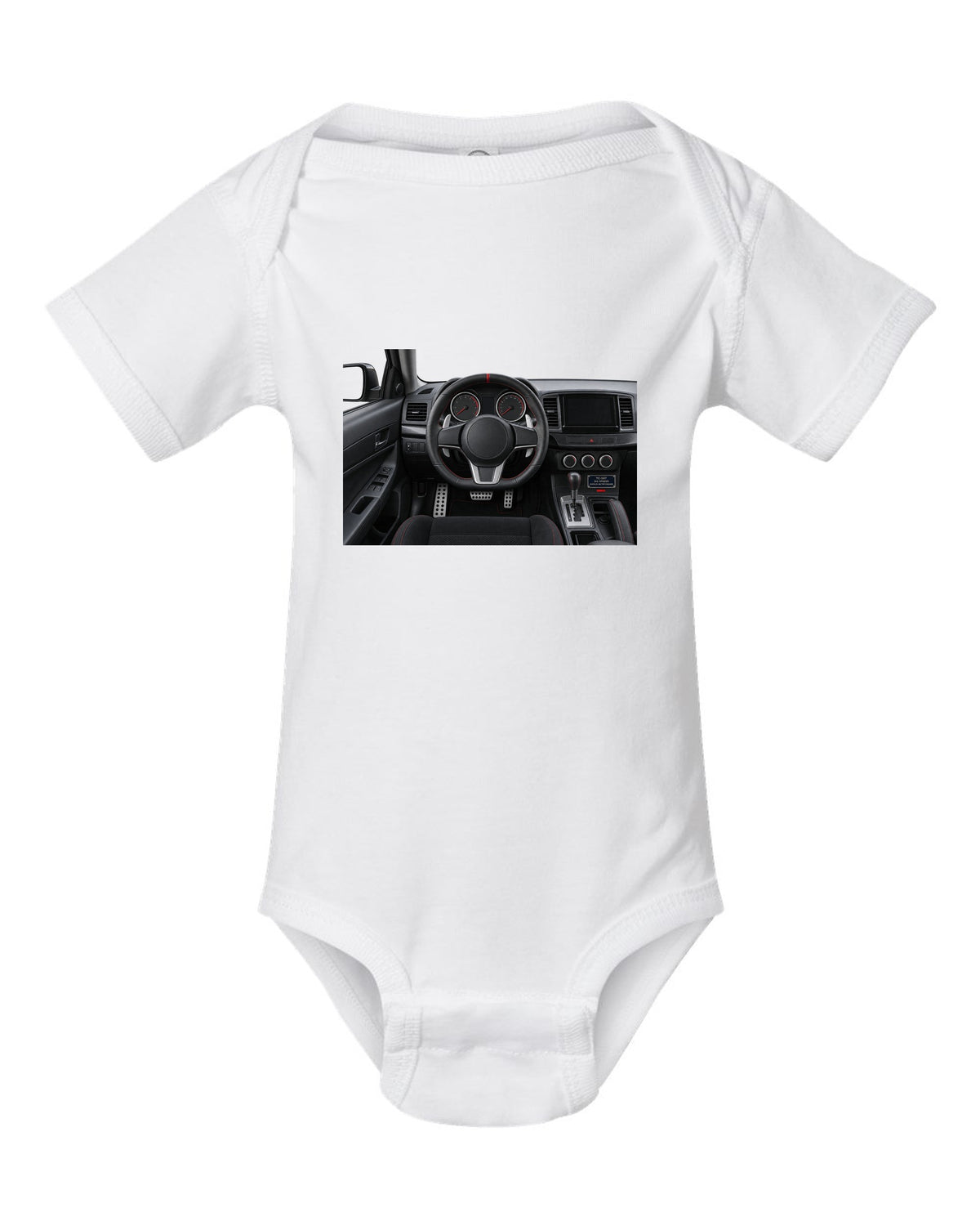 Mitsubishi Lancer Evolution X driver view cockpit and gauges print white baby onesie front view with the design