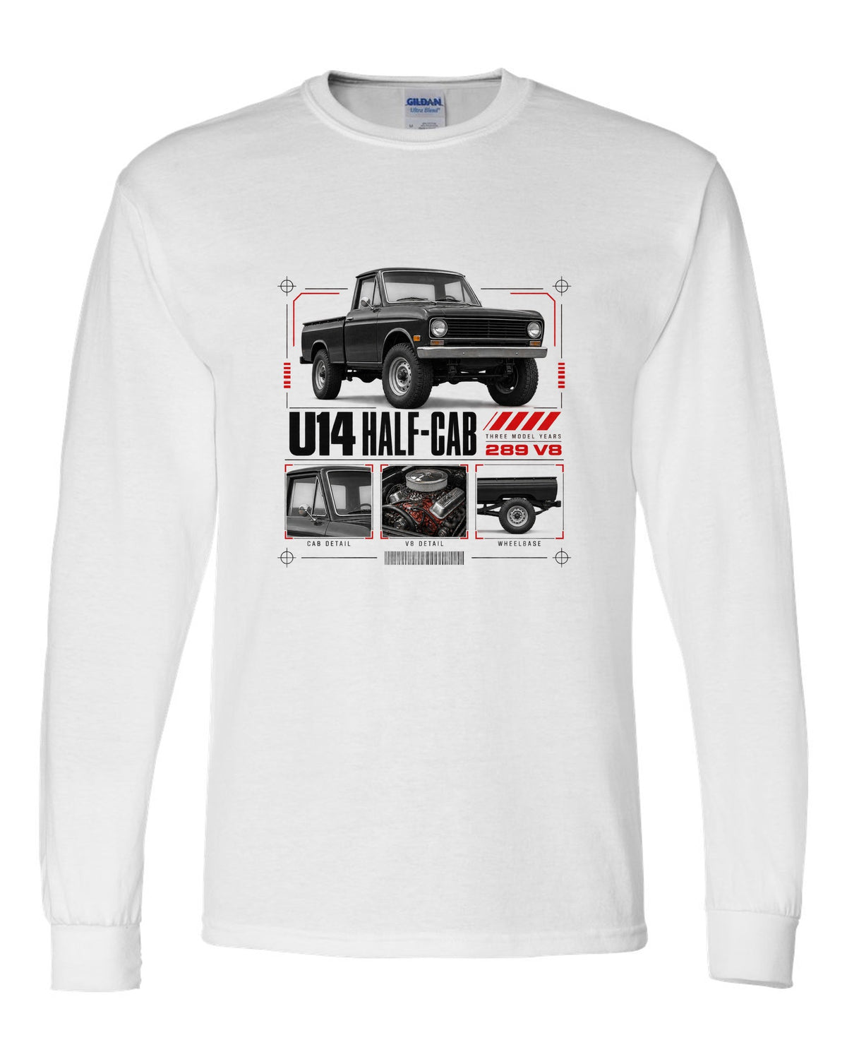 Ford Early Bronco U14 half-cab dossier panel print with 289 V8 and three model years white long sleeve front view with the design