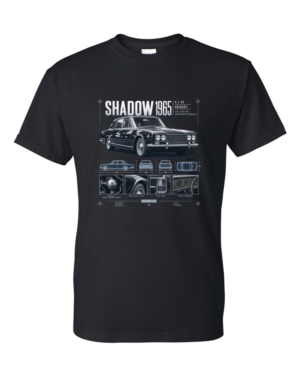Rolls-Royce Silver Shadow 1965 dossier panels about hydraulics black t-shirt front view with the design