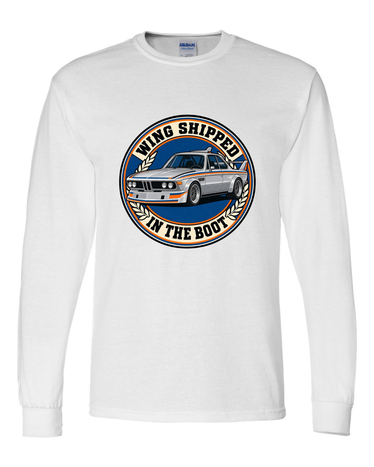 Embroidery-style varsity crest print of a BMW 3.0 CSL E9 with wing in the boot text white long sleeve front view with the design