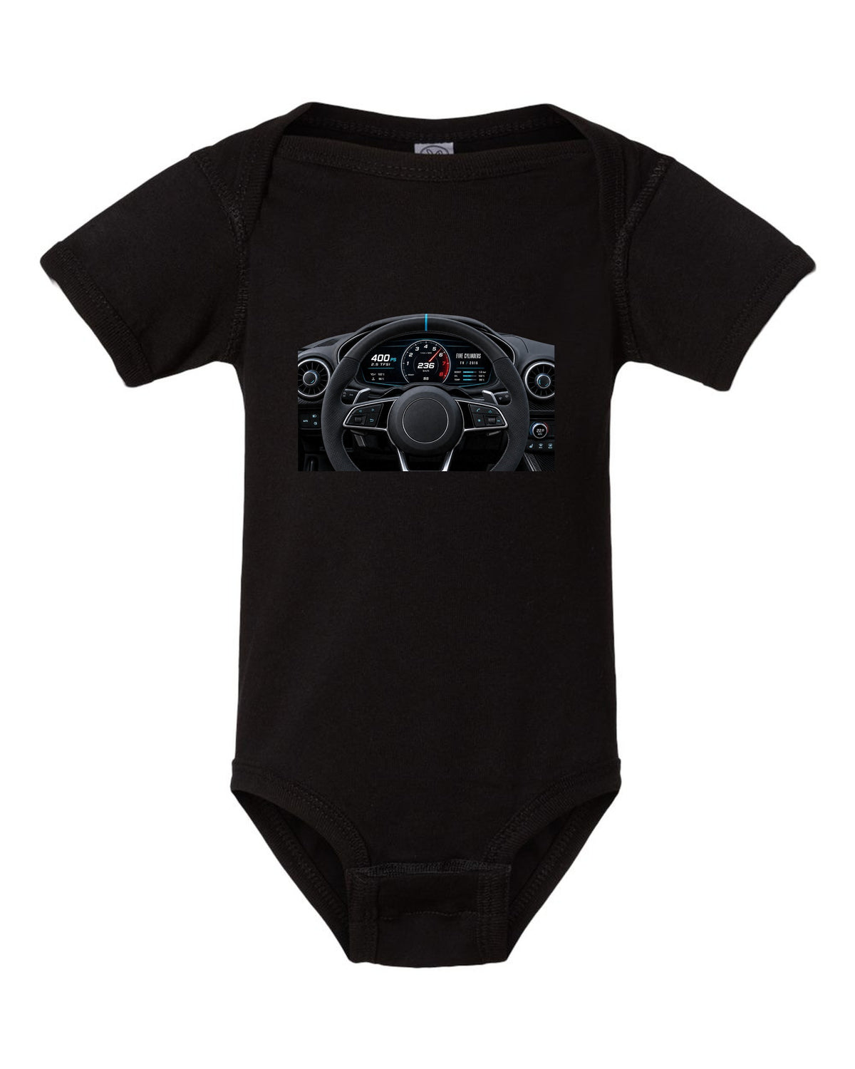 Audi TT RS FV virtual cockpit instrument cluster with 2.5 TFSI 400 PS text black baby onesie front view with the design