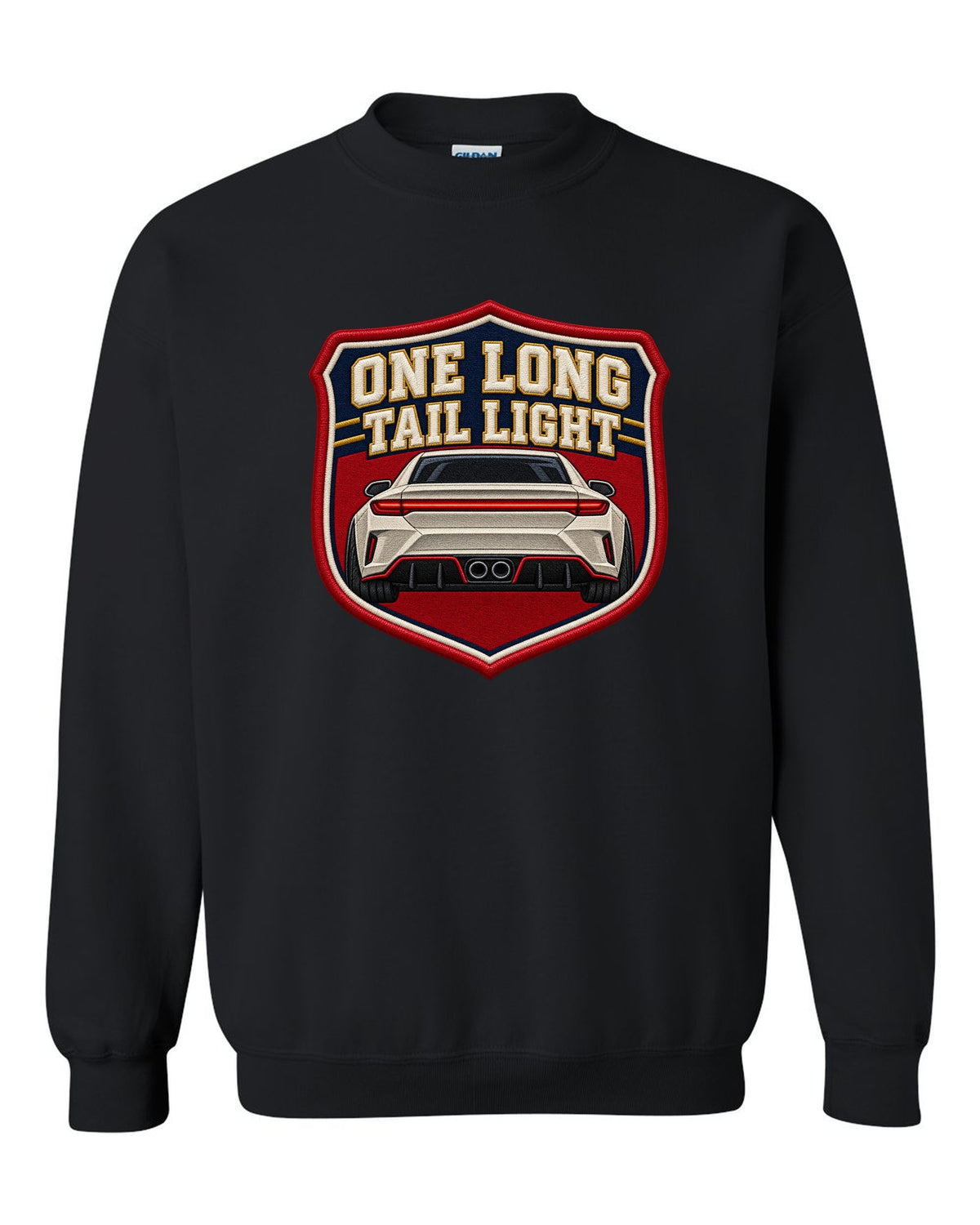 Embroidery varsity crest print of a Hyundai Elantra N CN7 rear with one long tail light text black crewneck front view with the design