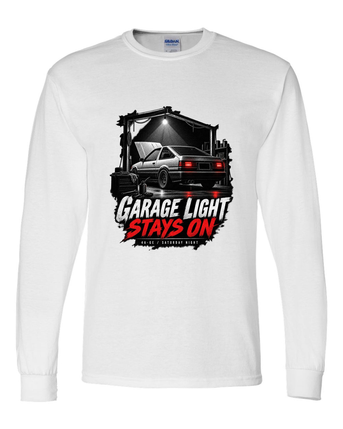 Garage night print of a Toyota AE86 Sprinter Trueno with 4A-GE lettering white long sleeve front view with the design
