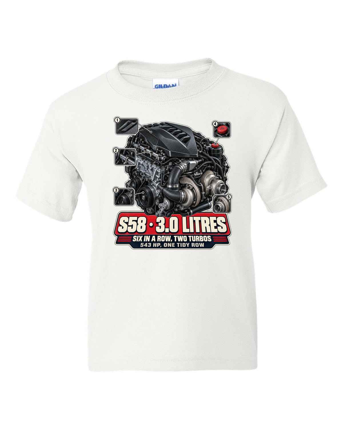 BMW M4 CSL G82 S58 engine bay hero print white kids tee front view with the design