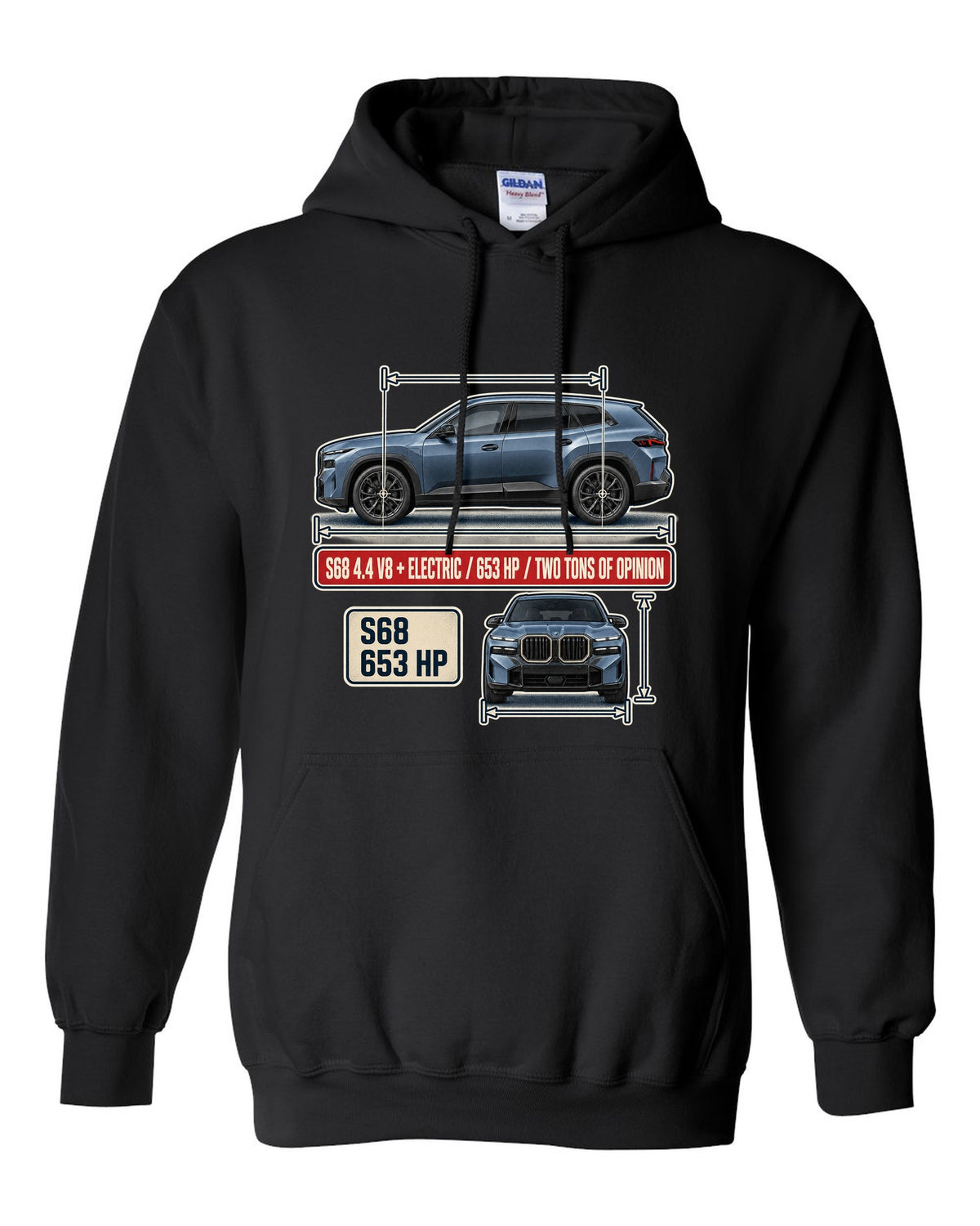 BMW XM G09 dimension blueprint print on a tee black pull over hoodie front view with the design