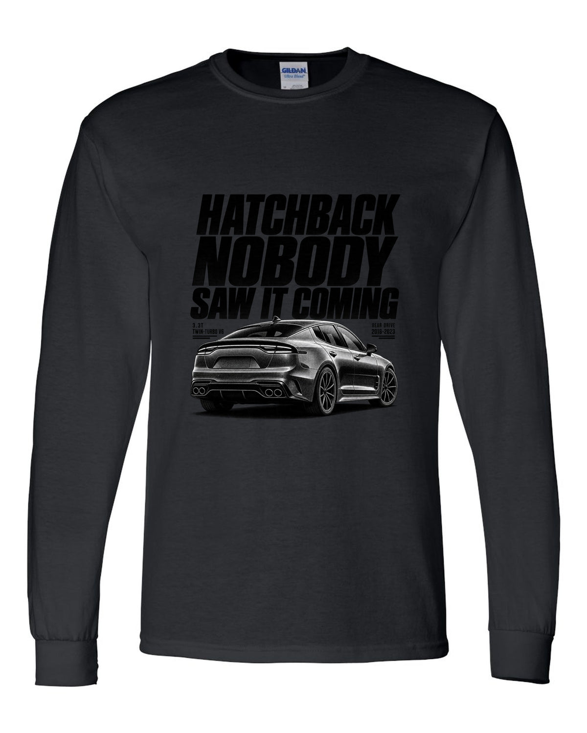 Halftone print of a Kia Stinger GT CK rear three-quarter low angle with chback text black long sleeve front view with the design